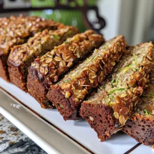 Loaf of healthy zucchini bread with slices on a wooden cutting board