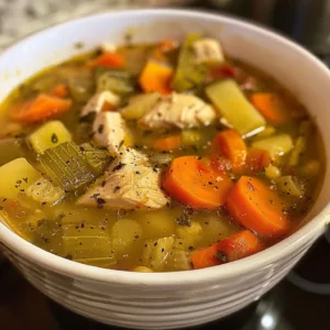 Bowl of high protein soup with chicken and mixed vegetables