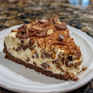 Irresistible Almond Joy Cheesecake topped with chocolate and coconut