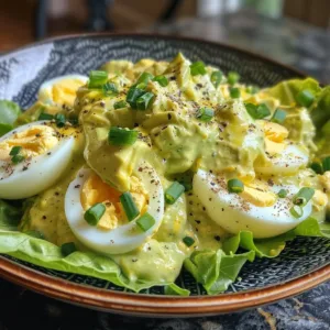 Keto avocado egg salad served in a bowl, garnished with herbs.