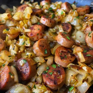 Low Carb Sausage and Cabbage Skillet cooked in a pan with vibrant vegetables