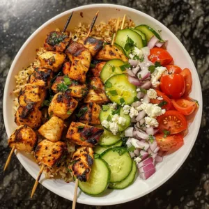 Mediterranean Bowl featuring Grilled Chicken Tawook Skewers and fresh vegetables