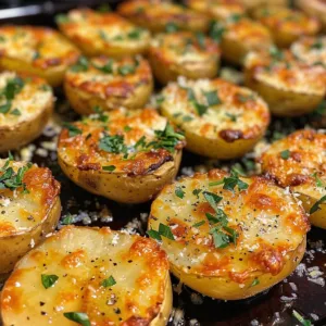 Mini baked Parmesan potato rounds served on a plate