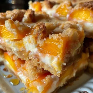 Peach cobbler bars with creamy cheesecake swirl on a plate