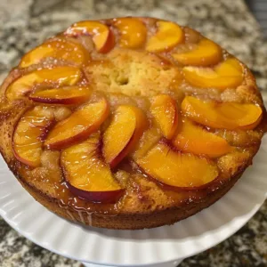 Peach Upside-Down Cake topped with caramelized peaches and a golden sponge