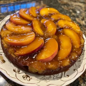 Deliciously baked Peach Upside-Down Cake with caramelized peaches on top