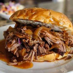 Delicious pulled beef sandwich served with fresh ingredients