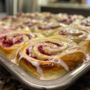 Raspberry cream cheese sweet rolls drizzled with vanilla glaze on a plate