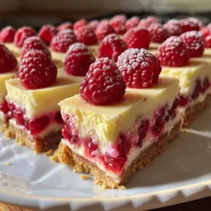 Delicious raspberry lemon cheesecake bars topped with fresh raspberries.