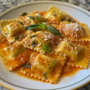 Homemade ravioli sauce poured over fresh pasta, a delicious culinary dish.