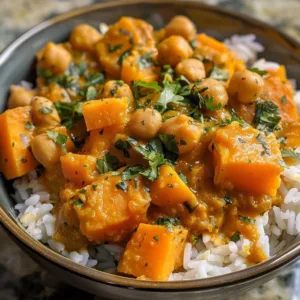 Bowl of Sweet Potato and Chickpea Curry garnished with fresh herbs