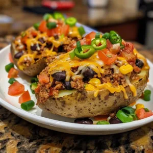 Taco Loaded Baked Potatoes topped with cheese, salsa, and sour cream