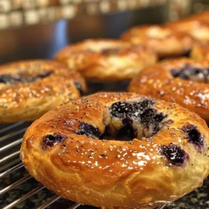 Freshly baked blueberry bagels topped with blueberries and cream cheese
