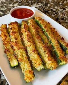 Crispy air fryer zucchini fries served with dipping sauce