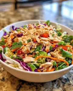 Delicious Asian Chicken Crunch Salad with colorful vegetables and chicken