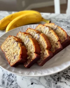 Delicious homemade banana bread with slices displayed on a wooden table