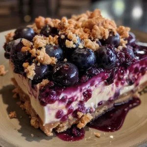 Delicious blueberry crumble cheesecake slice with fresh blueberries on top