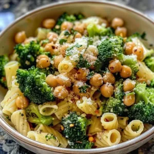 Broccoli Chickpea Pasta dish garnished and ready to serve