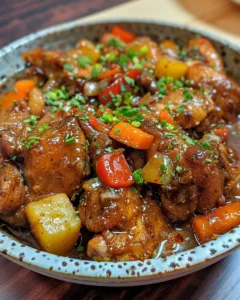 Delicious Brown Stew Chicken served with vegetables and rice