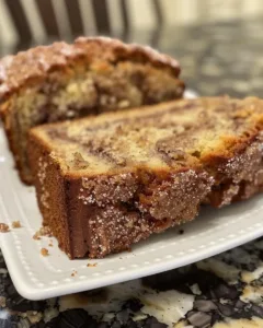 Delicious homemade cinnamon roll banana bread with swirls of cinnamon and icing