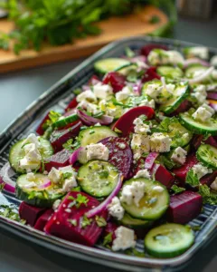 Cozy beet salad topped with feta cheese and cucumbers in a bowl