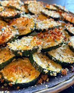 Crispy baked parmesan zucchini on a plate garnished with herbs