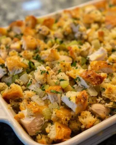 Dolly's Chicken and Stuffing Casserole served in a baking dish