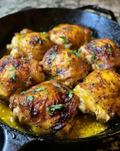 Easy skillet chicken thighs recipe cooked in a skillet with herbs and spices