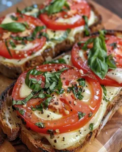 Delicious fresh Tomato Basil Mozzarella Toast topped with basil leaves and tomatoes