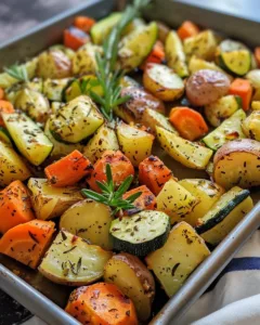 Garlic herb roasted potatoes, carrots, and zucchini dish on a plate.