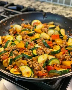 Healthy ground turkey and zucchini skillet dish in a pan ready to serve.