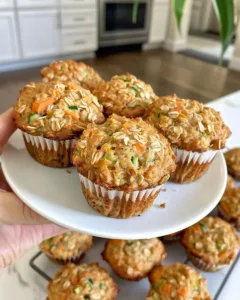 Healthy zucchini carrot oatmeal muffins baked in a muffin tin