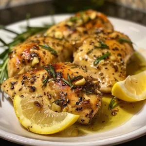 Plate of heart-healthy rosemary chicken Dijon garnished with fresh herbs.