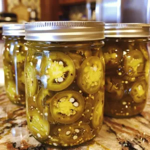 Hot Honey Pickled Jalapeños in a jar, showcasing vibrant colors and textures.