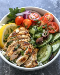Low Carb High Protein Mediterranean Chicken Bowl with lemon and dill