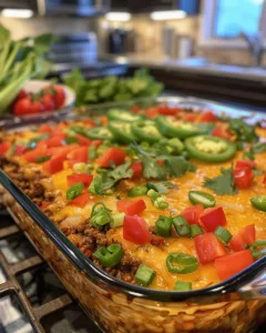 Delicious low carb taco casserole topped with cheese and fresh toppings