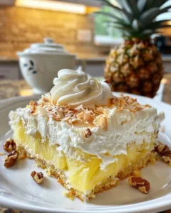 Moist Hawaiian Pineapple Cake topped with cream cheese frosting, a tropical dessert