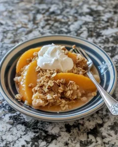 Delicious old-fashioned peach crisp dessert with golden topping and fresh peaches.