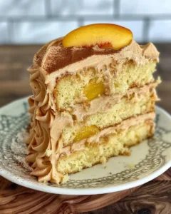 Slice of Peach Cake topped with rich Brown Sugar Frosting on a white plate