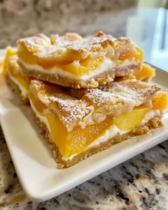 Delicious peach cobbler bars with a creamy cheesecake swirl topping