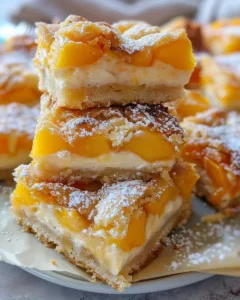 Delicious peach cobbler bars topped with creamy cheesecake swirl on a plate