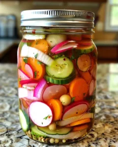 A jar of fridge pickled radish and vegetables ready for serving.
