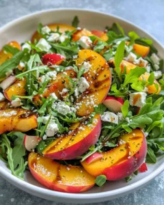 Refreshing summer peach salad with vibrant fruits and greens