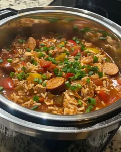Delicious Slow Cooker Jambalaya with shrimp, sausage, and rice