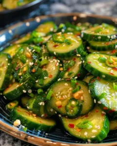 Bowl of spicy Asian cucumber salad with sesame seeds and herbs