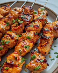 Spicy Bang Bang Chicken Skewers served on a platter
