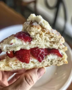 Freshly baked strawberries and cream scones on a rustic wooden table