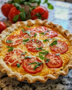 Freshly baked Tomato Pie with herbs and cheese on a wooden table
