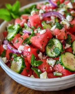 Watermelon Cucumber Feta Salad with fresh ingredients