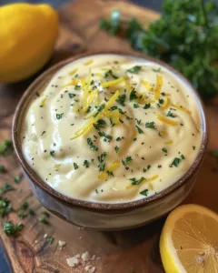 Zesty lemon garlic cream sauce drizzled over pasta with fresh herbs.
